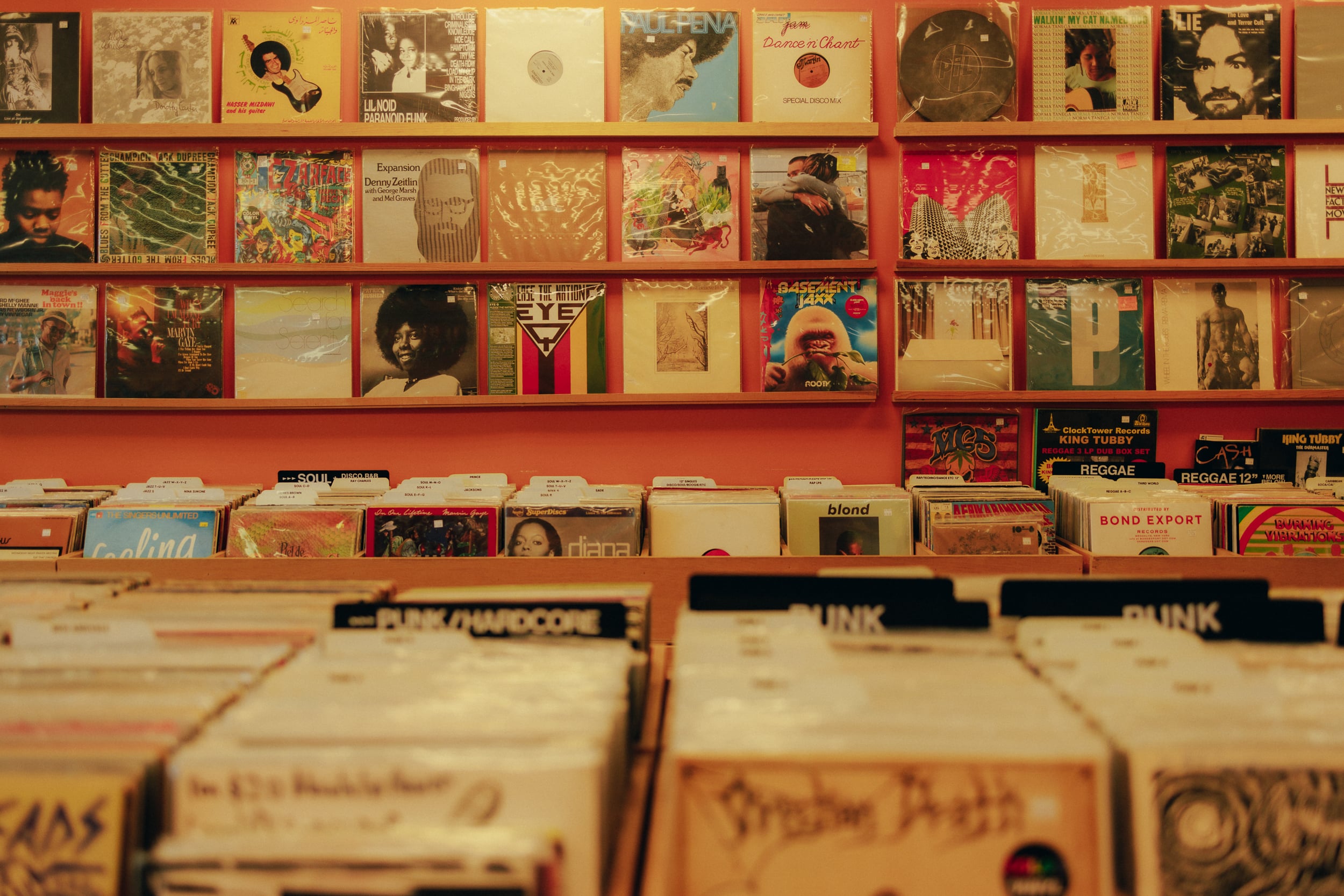 image of records on a shelf at Big Dig Records